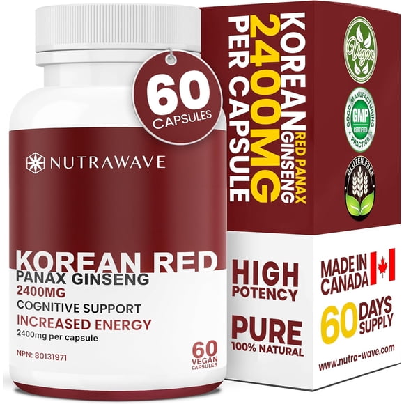 Nutrawave Korean Red Ginseng 2400 mg – Energy & Immune Support, Panax Ginseng Extract (4:1, 6% Ginsenosides), 60 Vegan Capsules, Non-GMO, Gluten-Free, Made in Canada