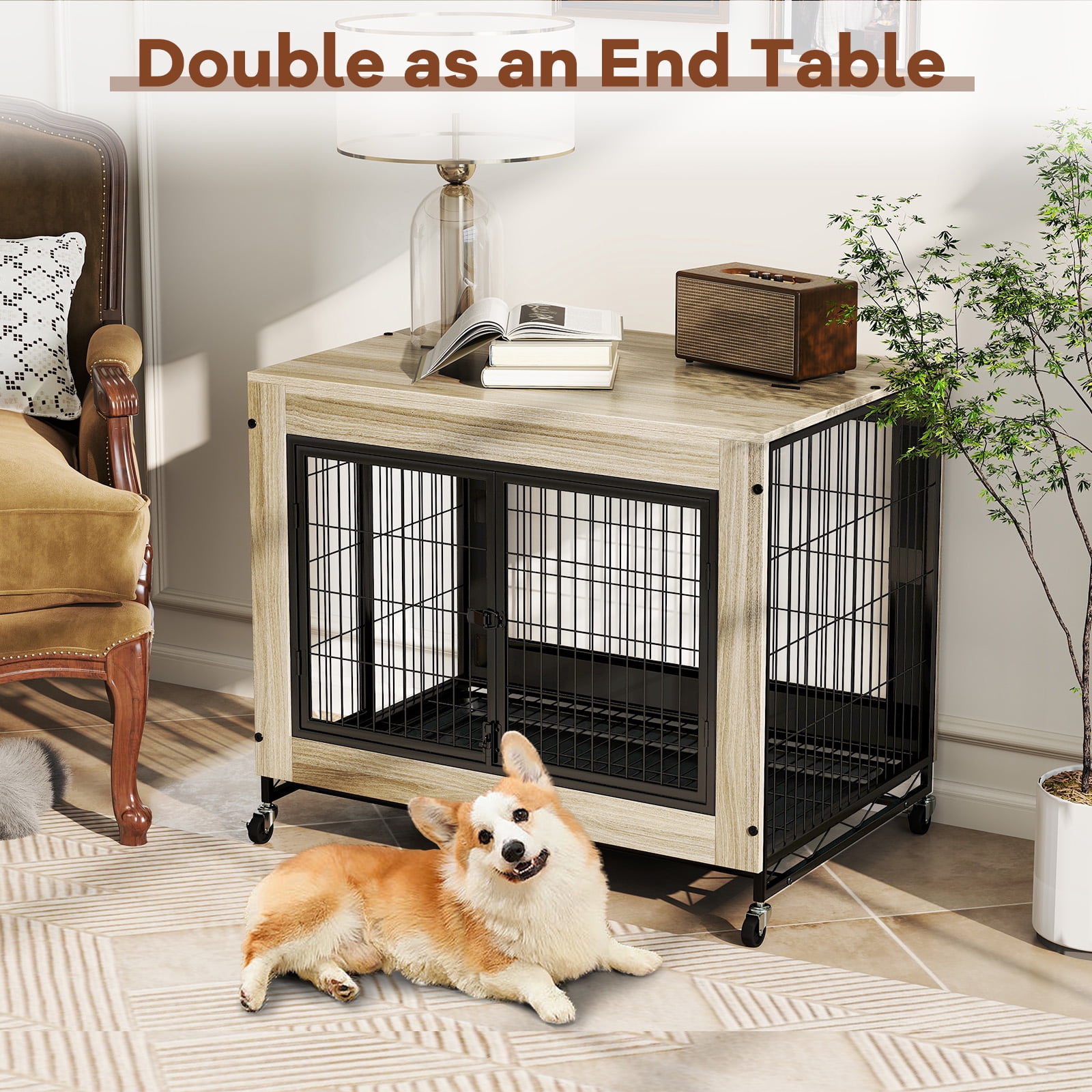 Gymax Dog Crate Furniture Industrial Dog Kennel w/ Flip-up Top Decorative Pet House Gray