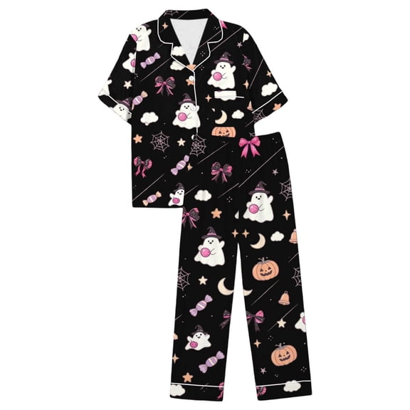 CQXIDFH Women's 2 Piece Lounge Set Plus Size Halloween Pumpkin Print Short Sleeve Top with Long Pants Set Fall Sleepwear Soft Comfy Pj Sets
