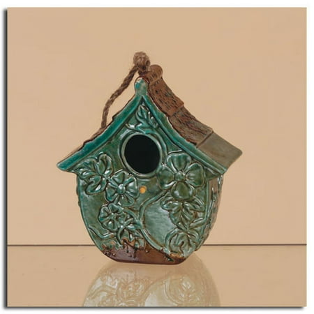 Pack of 2 Teal Green Outdoor Garden Distressed Rustic Ceramic Birdhouses 7.25"