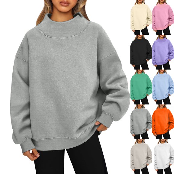 Mock Neck Sweatshirt for Women 2026 Cute Crew Neck Long Sleeve Sweaters Fall Winter Fashion Outfits Clothes Gray XL