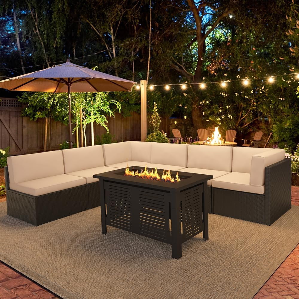 YODOLLA 7-Piece Patio Furniture Set with 43" Fire Pit Table, Rattan Wicker Outdoor Sectional Sofa Couch with Table Patio Conversation Set for Lawn& Backyard In Black& Beige