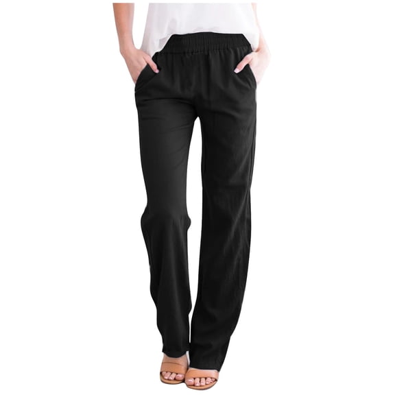 UYISJ Womens Trousers Elastic Mid Waist Pants with Pockets Casual Lightweight Straight Leg Solid Color Pants Lounge Loose Pants M