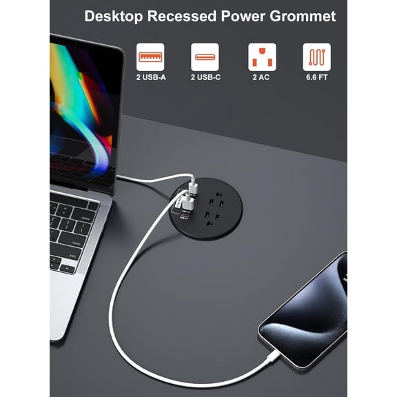 PYYAN-Recessed Power Grommet 3 inch with 20W USB C Ports 2 AC Outlets,Recessed Outlet Fast Charging Station,Desk Hole Grommet Outlets,Round Desktop Power Grommet Outlet for Office,Home (Black, 20W US