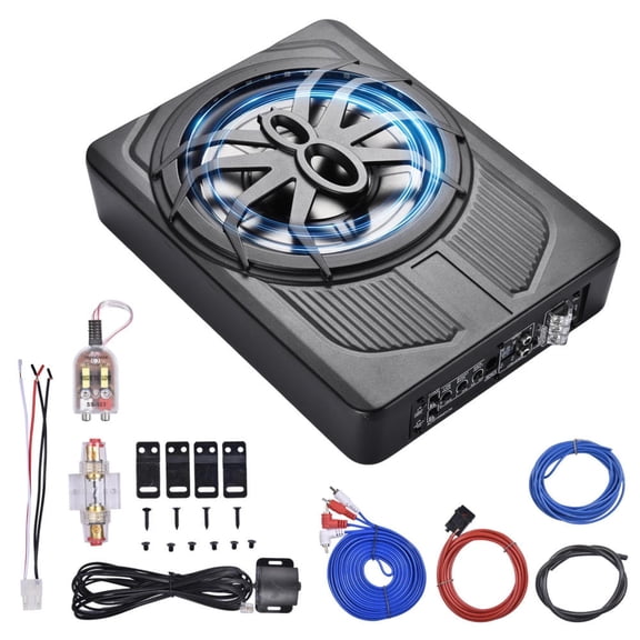 Upgraded 10" 1200W Slim Under Seat Powered Car Subwoofer, Car/Truck Sub Built in Amplifier for Outstanding Heat Dissipation, Powerful bass and Blue LED Ambient Light