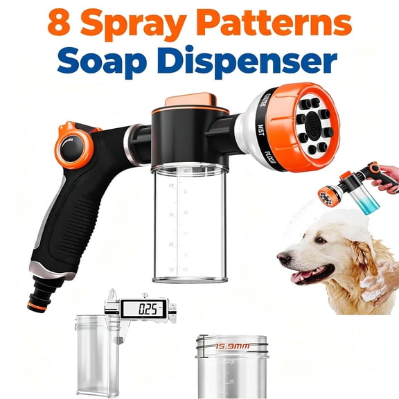 Dog Shower Attachment, 8 Mode Watering Nozzle, Easy-Control Hose Nozzle with Soap Dispenser for Garden, Pet Shower and Car Wash
