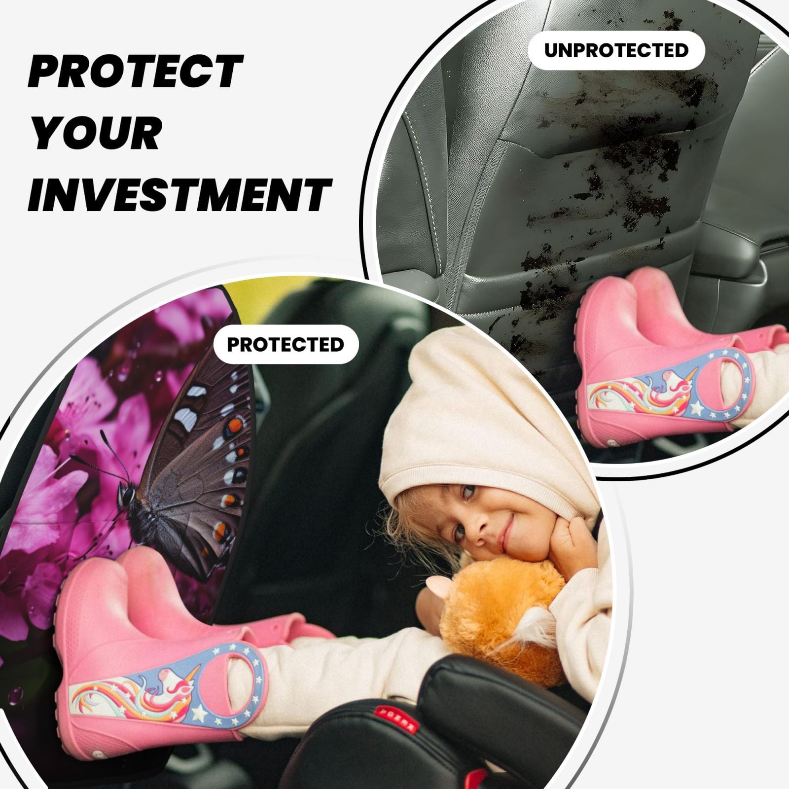 Kdxio Pink Blossoms Butterfly Print 2 Pack Car Kick Mat Seat Cover Back Protector Mat with Pockets for Organizer Backseat Protector and Storage Anti Kick Pad for Vehicles
