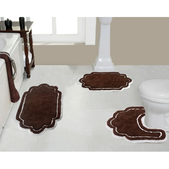 Home Weavers Allure Collection 100% Cotton Non-Slip Bathroom Rug Set Machine Washable Bathroom Rug-17"x24", Bath Rug- 21"x34", U Shaped Contour- 20"x20", Brown Color 3 Piece Bath Rug set