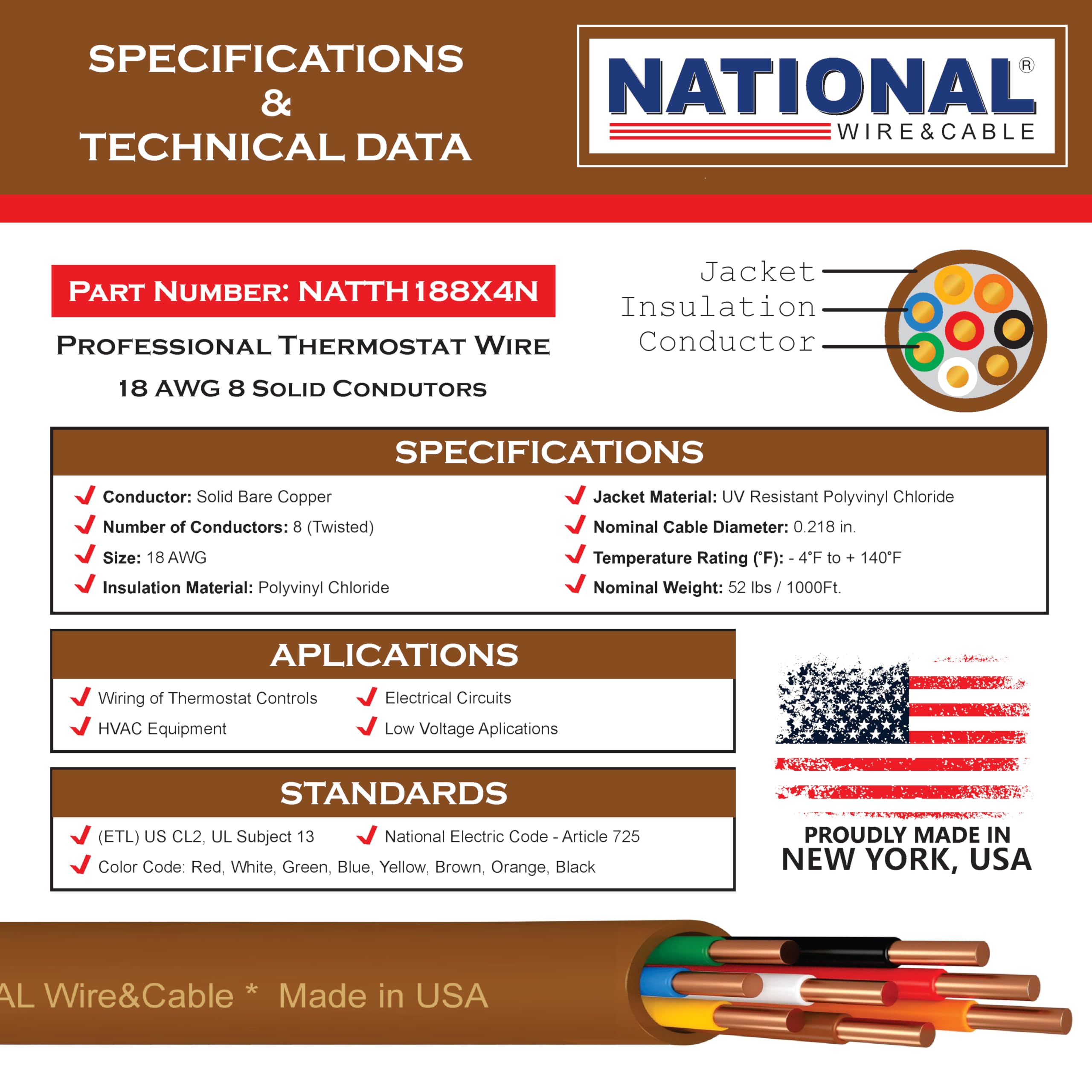 NATIONAL Wire&Cable - 18 Gauge 8 Conductor - 50Ft. - Thermostat Wire - Made in USA - 100% Solid Copper Conductors, CL2 ETL Listed