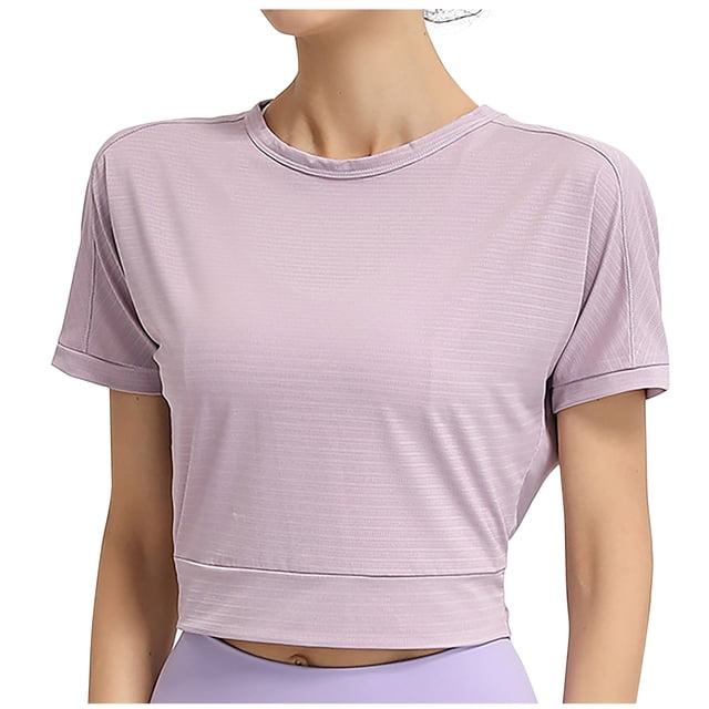Besolor Hauts Courts d'Entraînement pour Femmes à Rayures, Col Ras du Cou, Manches Courtes, Chandails d'Été Décontractés, T-Shirts de Yoga et de Sport
