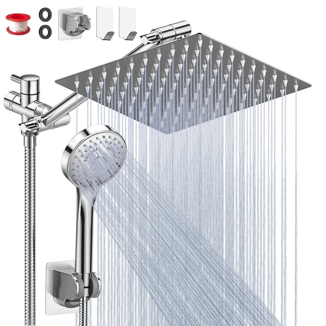 GPED Combo de Cabezal de Regadera Dual, Lluvia de Alta Presión de 10” con Brazo de Extensión de 11” (Altura/ángulo Ajustable), Cabezal de Regadera de Mano con 5 Configuraciones y Soporte, Boquillas A