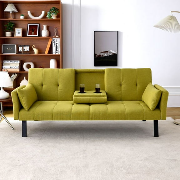 YINGYING 70” Convertible Futon Sofa Bed, Foldable Futon Couch with Cup Holder & Side Storage Loveseat for Compact Living Room, Apartment