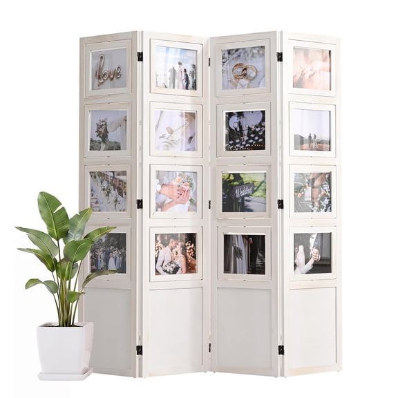 Foldable Photo Display Room Divider Privacy Screen, Solid Wood Freestanding Partition Wall Panel For Home And Studio, Rotating Double Sided Picture Frame Stand, Decorative Modern Style, White