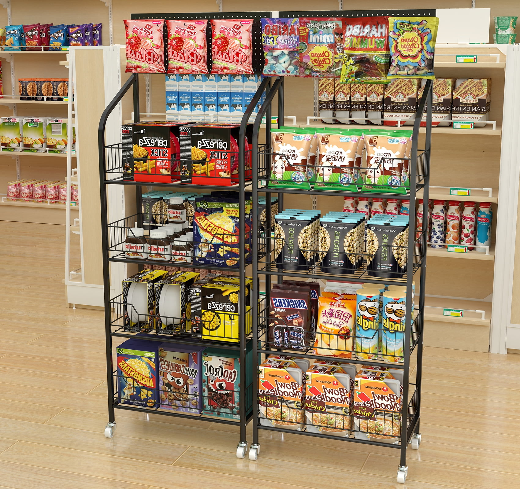Petoto 4-Tier Retail Display Rack, 19.6 x 10.6 x 56.2 inches Snack Candy Rack, Metal Fruit Stand Storage Shelf with Wheels and 10 Hooks