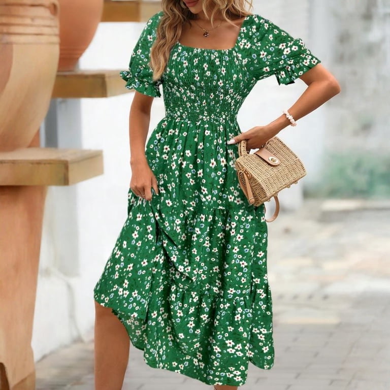 square neck green midi dress Olive Green Cotton Waffle Square Neck Tiered Midi Dress 34" / Custom Height (Free)