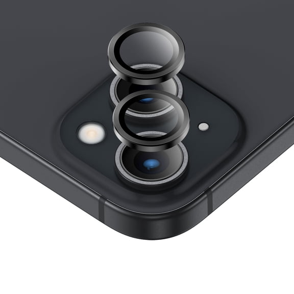 Htwon Camera Lens Protector Metal Ring Tempered Glass Protective Film for iPhone 15 6.1inch/15 Plus 6.7inch, Black