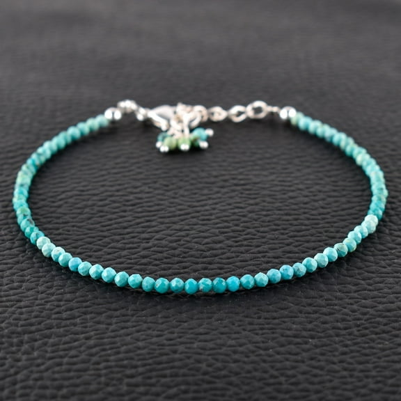 QNAVIC Real Shaded Blue Turquoise Gemstone Micro Round Beads Dainty Bangle Bracelet Jewelry for Women Healing Chakra Crystals December Birthstone Gifts for Her Silver Plated Chain 8 inch