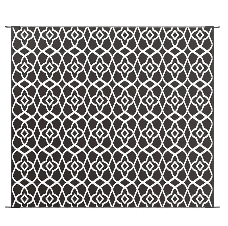 Black and White Clover Reversible Outdoor Rug, Waterproof Portable RV Camping Carpet, Foldable Fade‑Resistant Patio Mat with Carry Bag