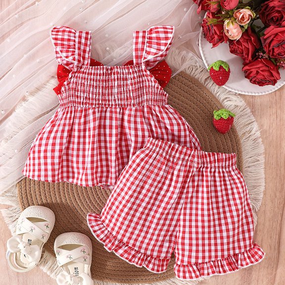 Rggeeun Toddler Girls Clothes Sets Cute Plaid Pattern Fly Sleeve Square Neck with Strawberry Embroidery and Bow Top & Ruffled Hem Shorts for Summer Play Sports Comfort Wear,Red,6-9 Months