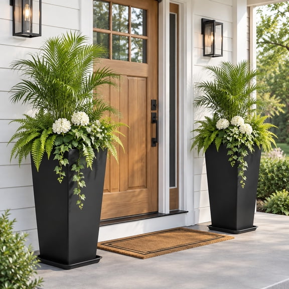 Set of 2 Tall 30 Inch Black Planters, Large Flower Pots with Drainage Holes, Weather Resistant Containers for Indoor, Outdoor, Porch, Patio & Garden