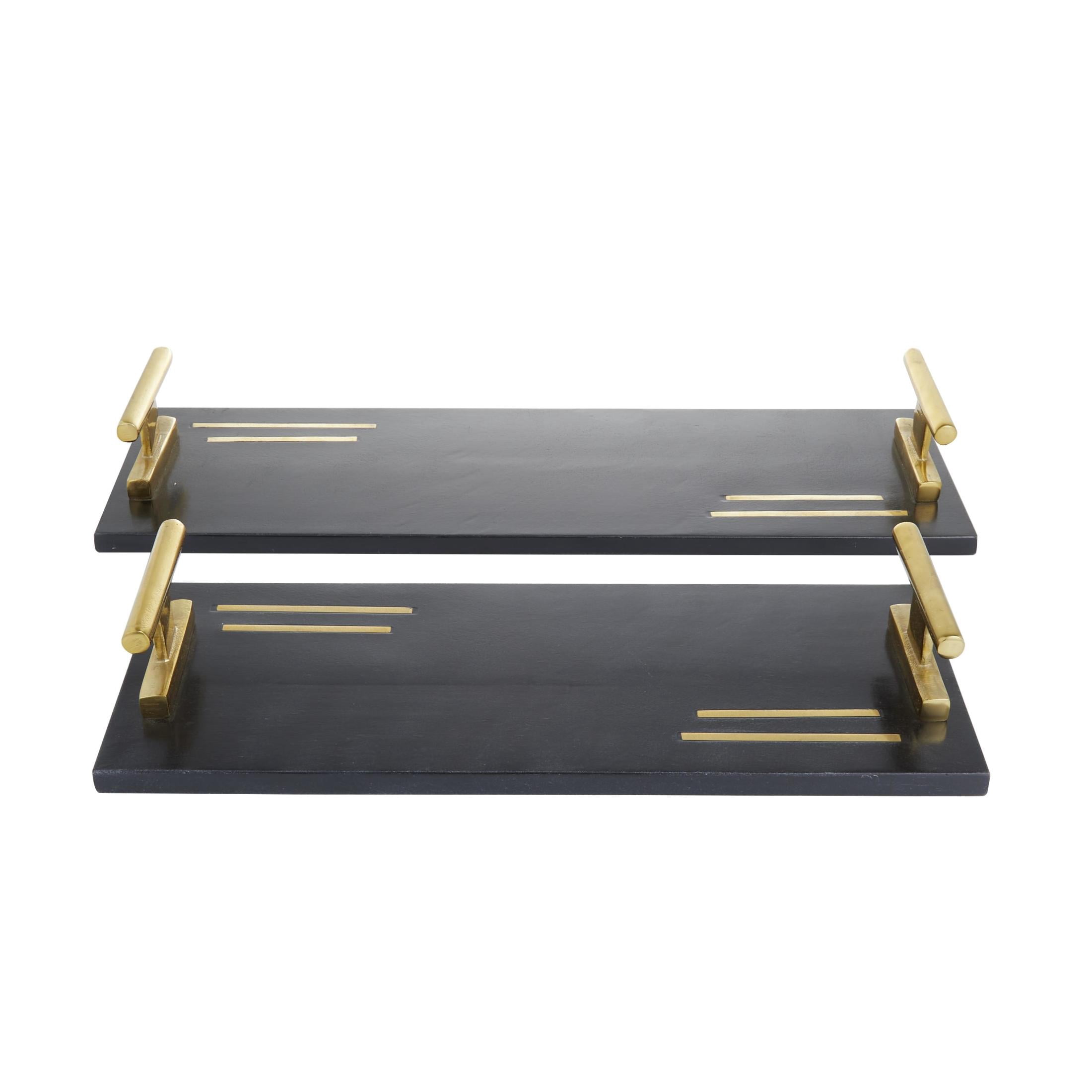 DecMode 22", 18"W Black Marble Tray with Gold Handles, 2-Pieces