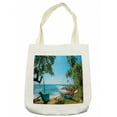 thumbnail image 1 of Beach Tote Bag, Tropical Ocean Scenery with Palm Trees and Fishing Boats Caribbean Landscape, Cloth Linen Reusable Bag for Shopping Books Beach and More, 16.5" X 14", Cream, by Ambesonne, 1 of 2