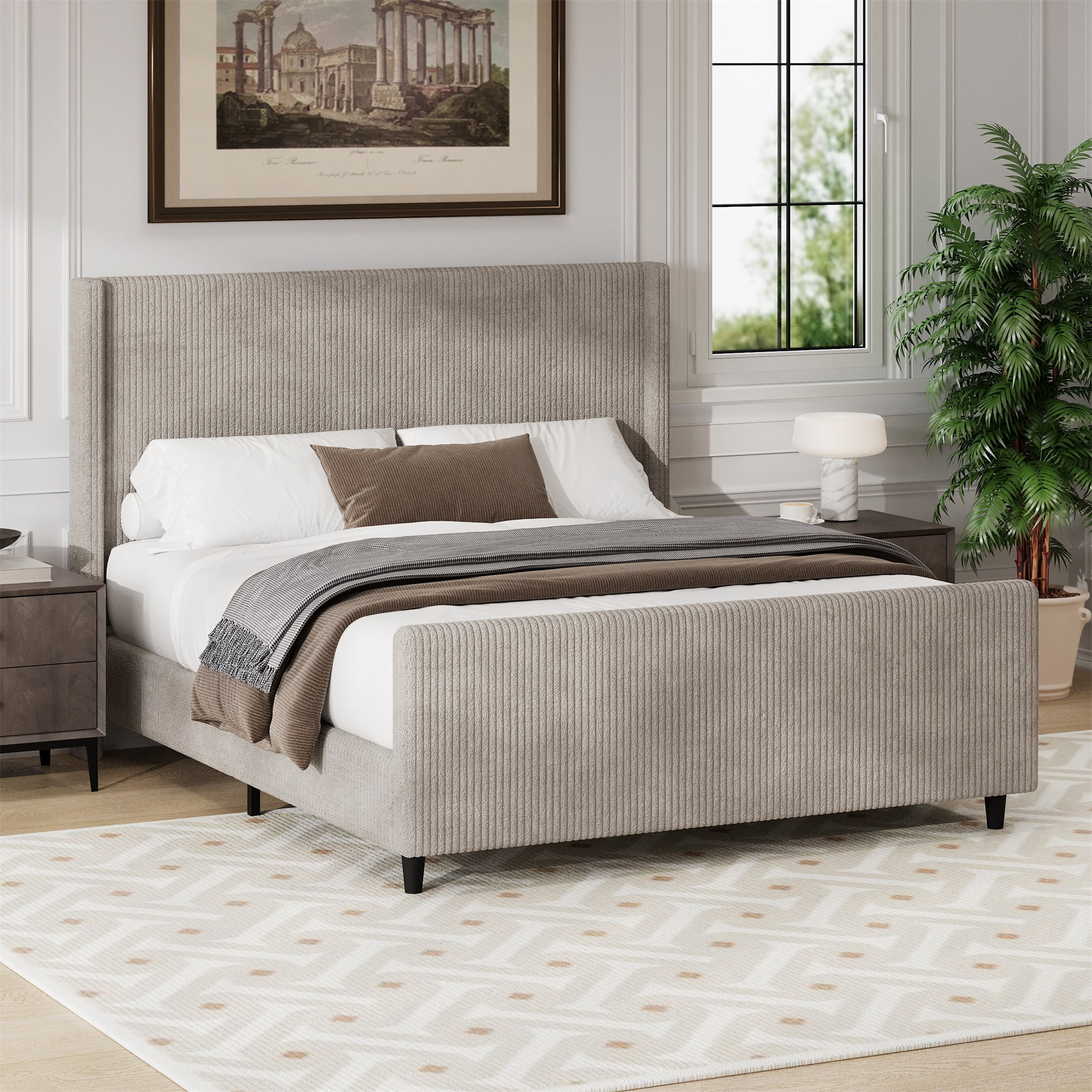 Miniyam King Size 50.7'' High Headboard Corduroy Upholstered Bed Frame with Vertical Stripe Wingback and High Footboard,No Box Spring Needed,Taupe