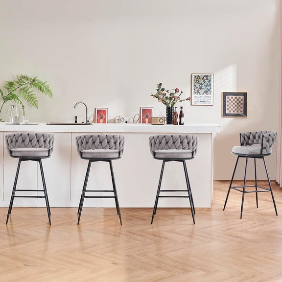 Bar Stools Set of 4, 24 inch Counter Height Bar Stools, Barstools Counter Stool for Kitchen Counter with Woven Back and Velvet Fabric, Metal Frame Island Chairs