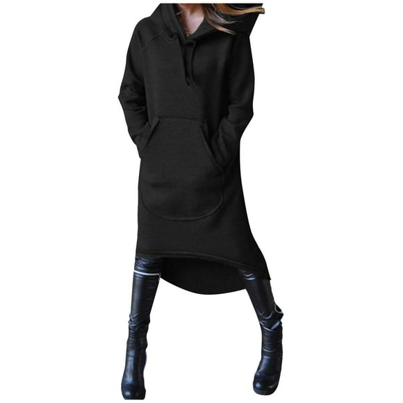 Daznico Elegant Dresses for Women,Women's Solid Color Casual Streetwear Long Sleeves Hooded Pullover Sweatshirt Dress with Pocket,Dresses for Women Hide Tummy