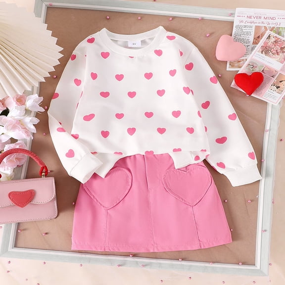 Kids Outfits Set Valentine'S Day Clothes For Girls Fashion Trend Heart Print Sweater   Skirt Two Piece Set Valentine Pink 7Y