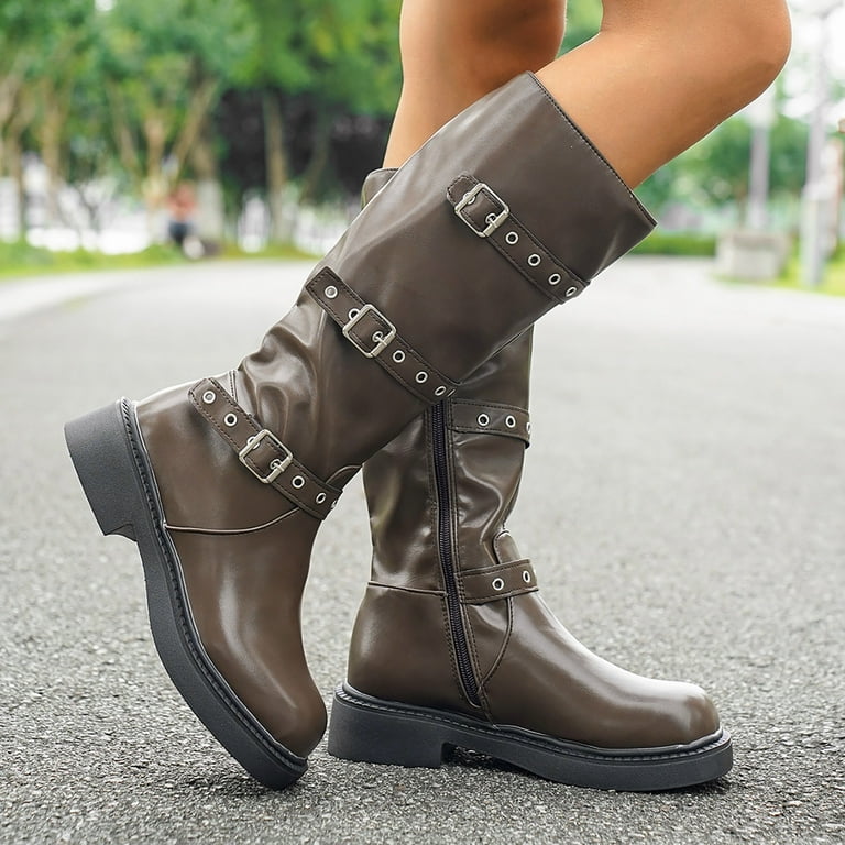 Dakaela Knee High Boots Women Square Toe Pull on Riding Boot Buckles Wide  Calf Platform Winter Dress Shoes