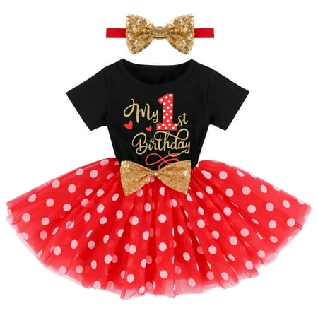 

IBTOM CASTLE Baby Girls 1st 2nd Birthday Outfit Mouse Polka Dots Tutu Princess Dress with Sequin Headband Clothes Set for Cake Smash Photo Shoot 1 Year Black + Red