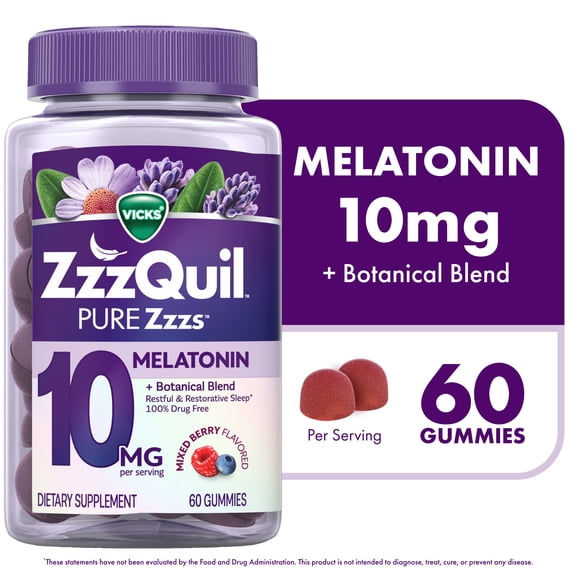 ZzzQuil PURE Zzzs Melatonin Advanced Sleep Aid Gummies, 10mg, Berry Flavored, 60 Count