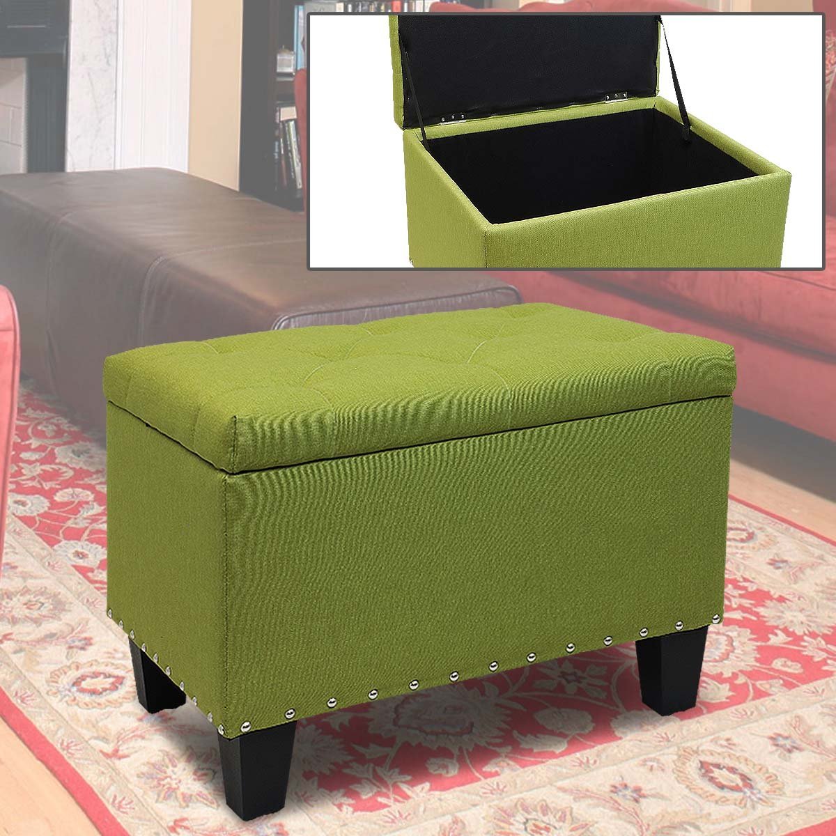 Magshion Rectangular Storage Ottoman Bench Tufted Footrest Lift Top Pouffe Ottoman, Coffee Table, Seat, Foot Rest, and more 24'', Linen Olive