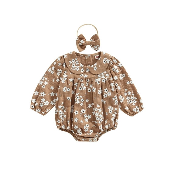 TSEXIEFOOFU Baby Girl Romper, Long Sleeve Floral Print Casual Fall Spring Short Jumpsuit + Bow Head Band