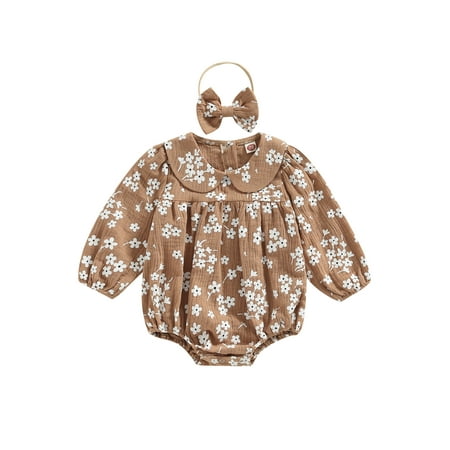 

Infant Baby Girls Fall Outfit Flower Print Long Sleeve Off Shoulder Romper Bodysuit with Headband 2Pcs Set