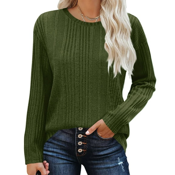 Fznquz Long Sleeve Womens Blouse Plain Crew Neck Green Shirt Ribbed Casual Loose Lightweight Tops Womens L