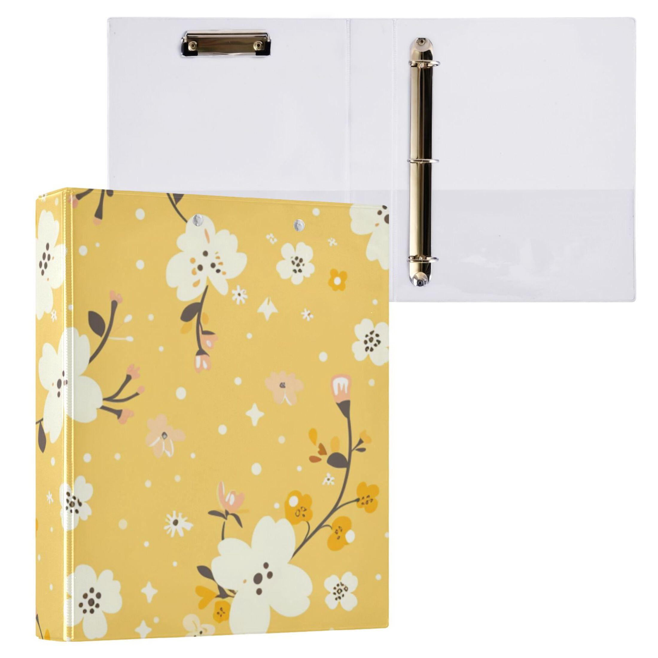 Yellow Floral 3 Ring Binders 1.5 inch Hardcover File Folders with Interior Pockets A4 Size Organizer for School Office Hospital
