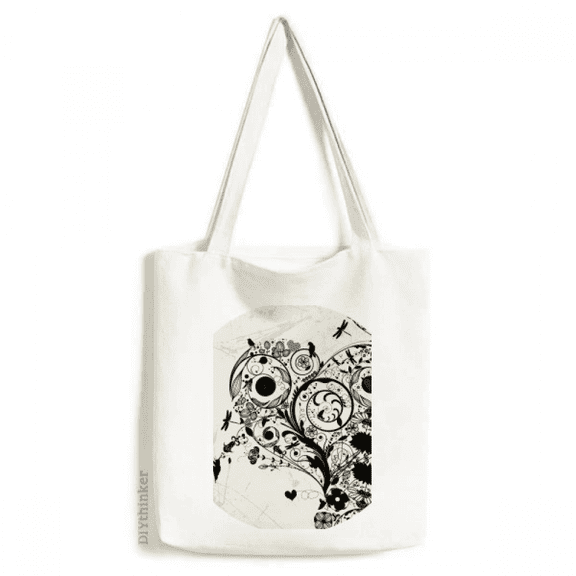 Flower s Black White Art Grain Outline Tote Canvas Bag Shopping Satchel Casual Handbag