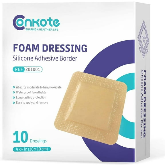 Conkote Silicone Adhesive Foam Waterproof Adhesive Bandage, 4'' X 4'', 10 Count