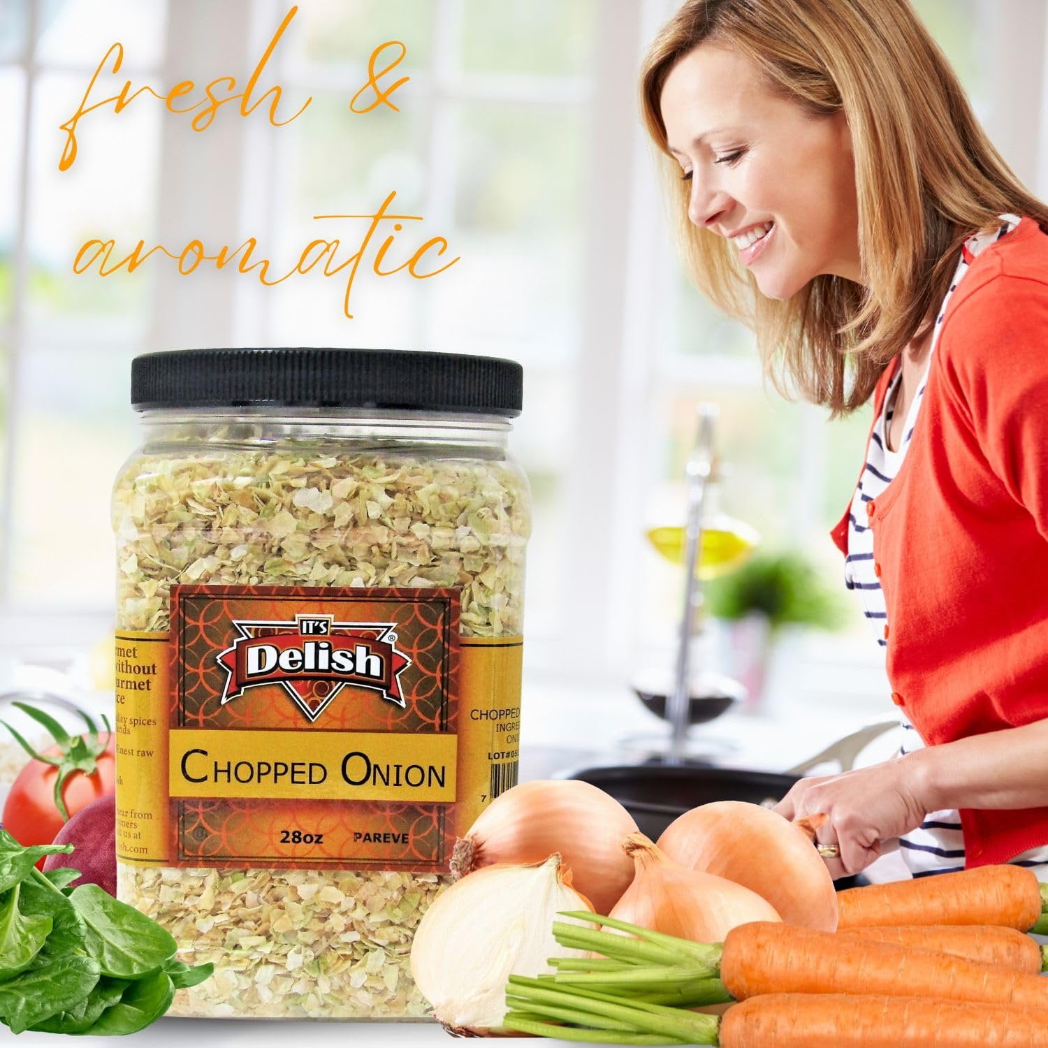 Dried Chopped Onion by Its Delish, 28 Oz Jumbo Reusable Container  All Natural Dehydrated Onion Flakes  Delicious & Fresh Onions Taste  No Preservatives, Certified Kosher