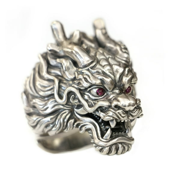 LINSION PurpleRed CZ Eyes 925 Sterling Silver Details Dragon Ring TA455 US Size 10