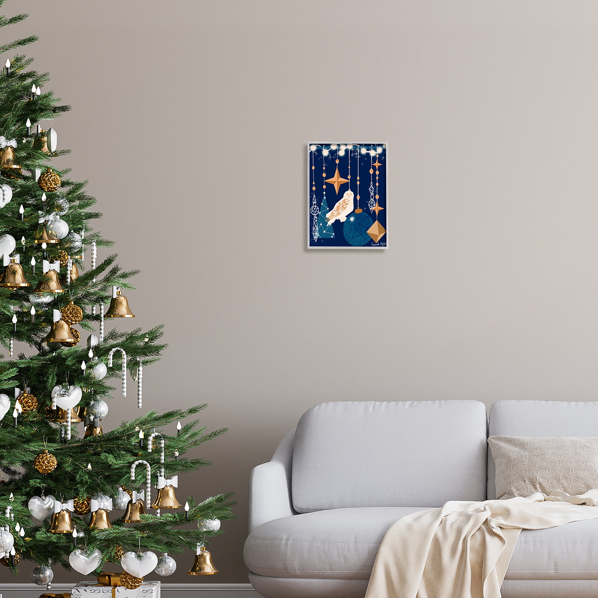 Stupell Industries Geometric Winter Owl Holiday Painting Gray Framed Art Print Wall Art, 11 x 14