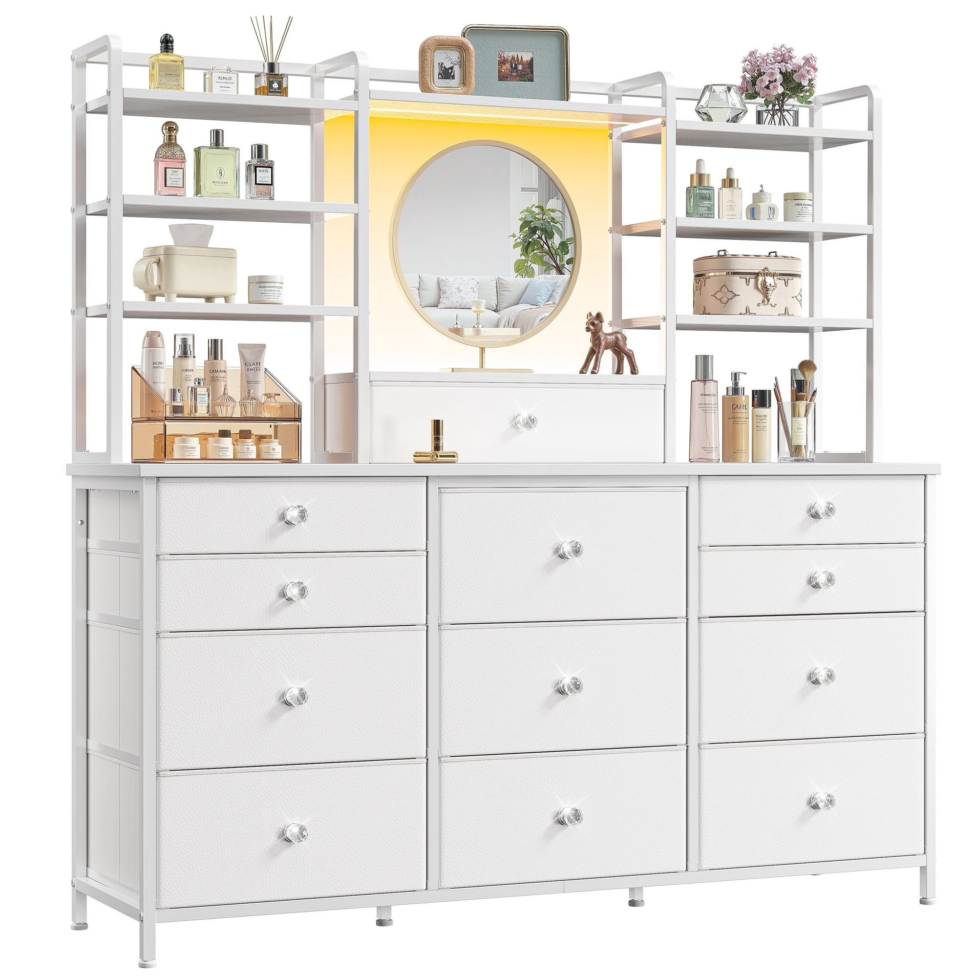 EnHomee Fabric Dresser for Bedroom with LED Lights Vanity Dressing Table with 12 Drawers & Open Shelves，White