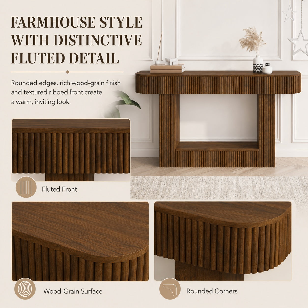 Aukfa 63" Fluted Console Table, Modern Farmhouse Entryway Table Narrow Sofa Table Behind Couch, Walnut