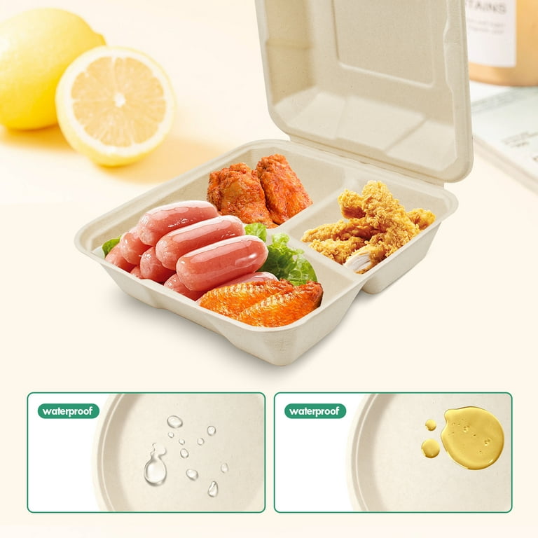 YANGRUI Clamshell Food Containers, 65 Pack 7.8 Inch BPA Free Reusable To Go  Containers 30 oz Shrink Wrap 3 Compartment Freezer and Microwave Safe Take