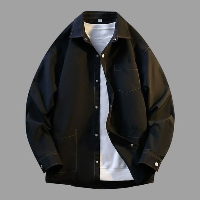 NTACZA Black Jackets for Men Lapel Collar Plus Size Shirt Jacket Button Down Shacket Men's Fall Coats,XXL