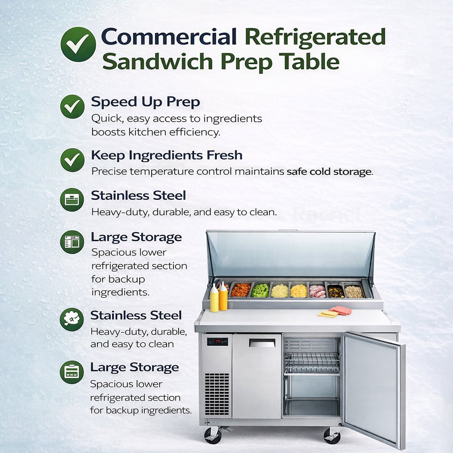 27" Commercial Stainless Steel Prep Refrigerator with Solid Lid – 6 Cu Ft, Commercial Sandwich & Salad Prep Table, R290, ETL & NSF