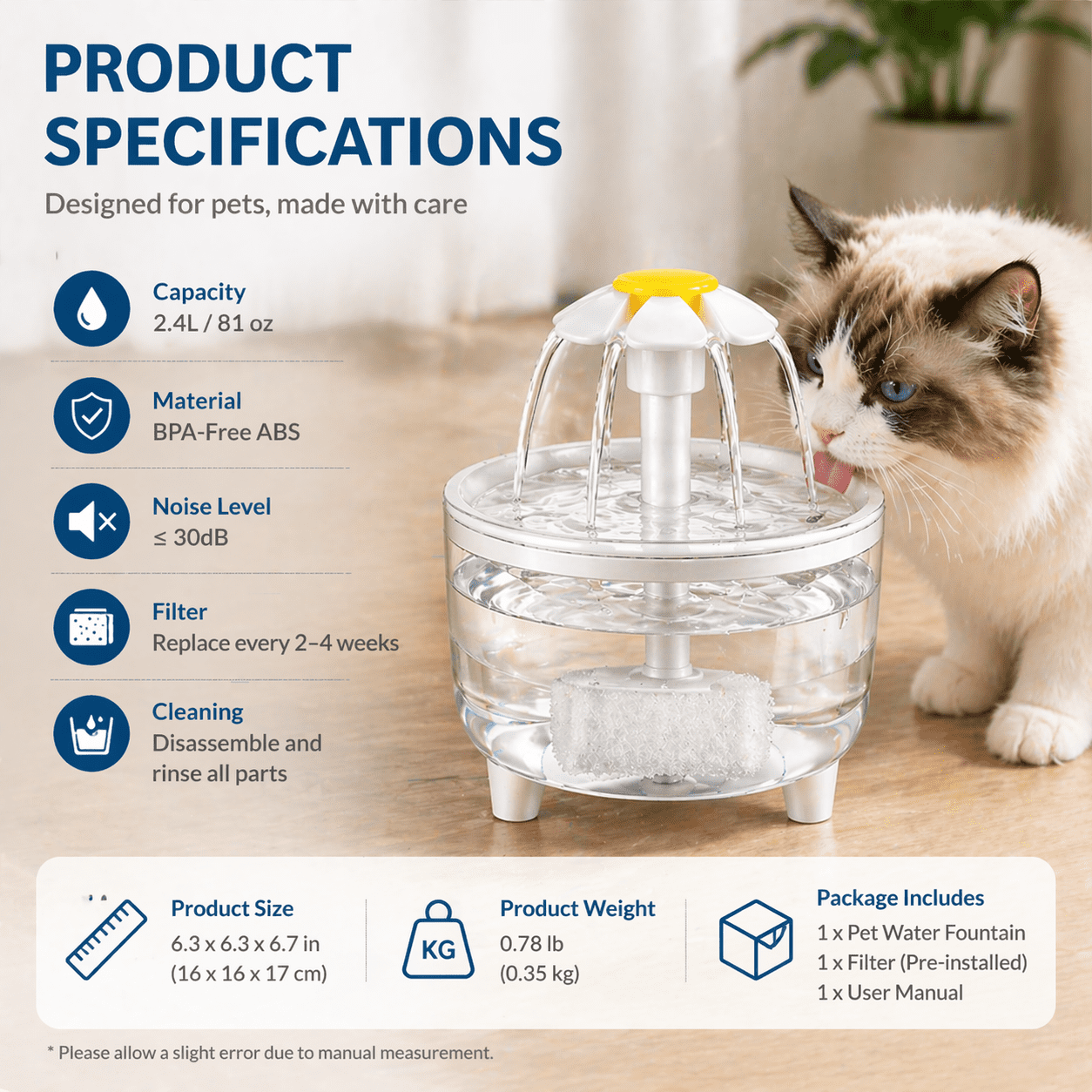 Automatic Pet Water Fountain, 2.5L Ultra-Quiet Flower Cat Water Dispenser with Triple-Filtration System, BPA-Free Fresh Flow Drinking Station for Cats and Small Dogs, White & Daisy
