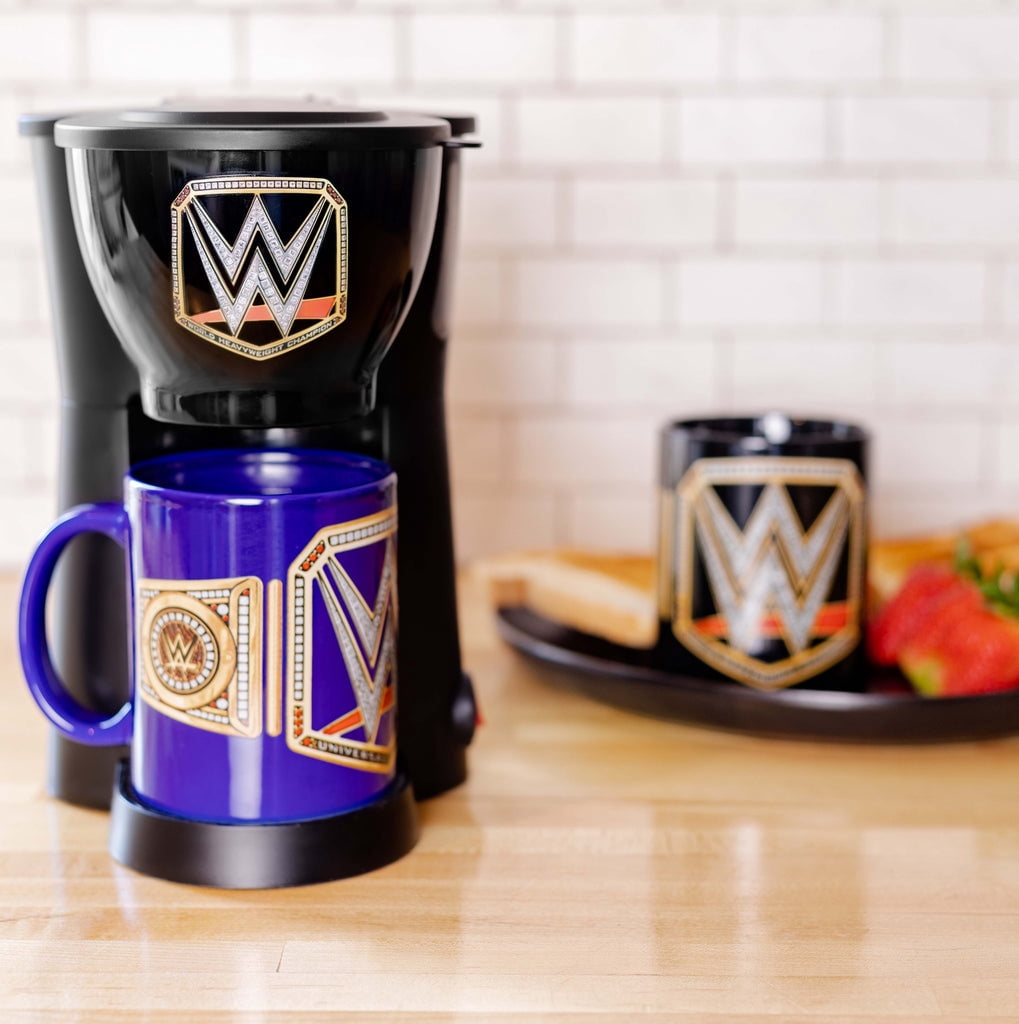 Uncanny Brands WWE Single Cup Coffee Maker Gift Set with 2 Mugs - Caffeinate Like A Champion